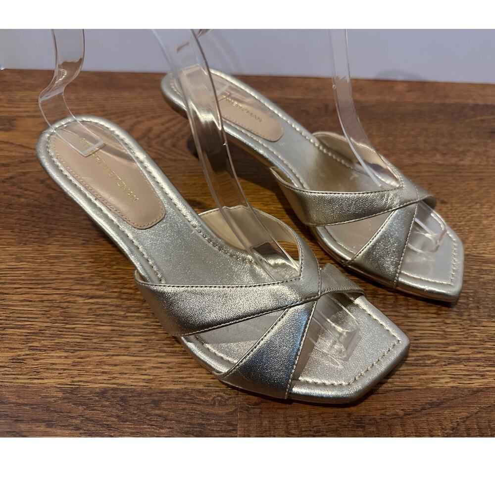Stuart Weitzman Miami 50 Leather Kitten Heel Slides Gold Women’s Size 8.5 Chic